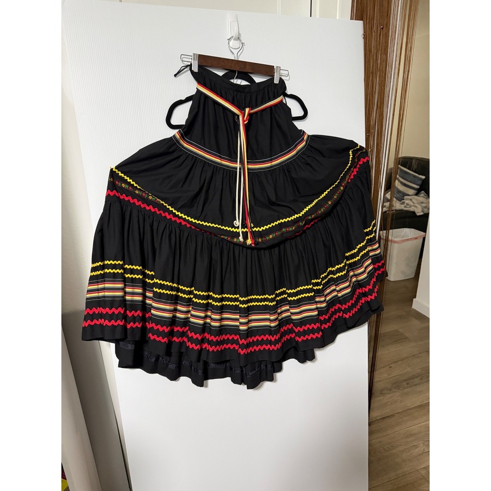Victor Costa Vintage Tiered Maxi Skirt Black Rick Rack Boho Folk Belted Size 12 - Picture 3 of 8